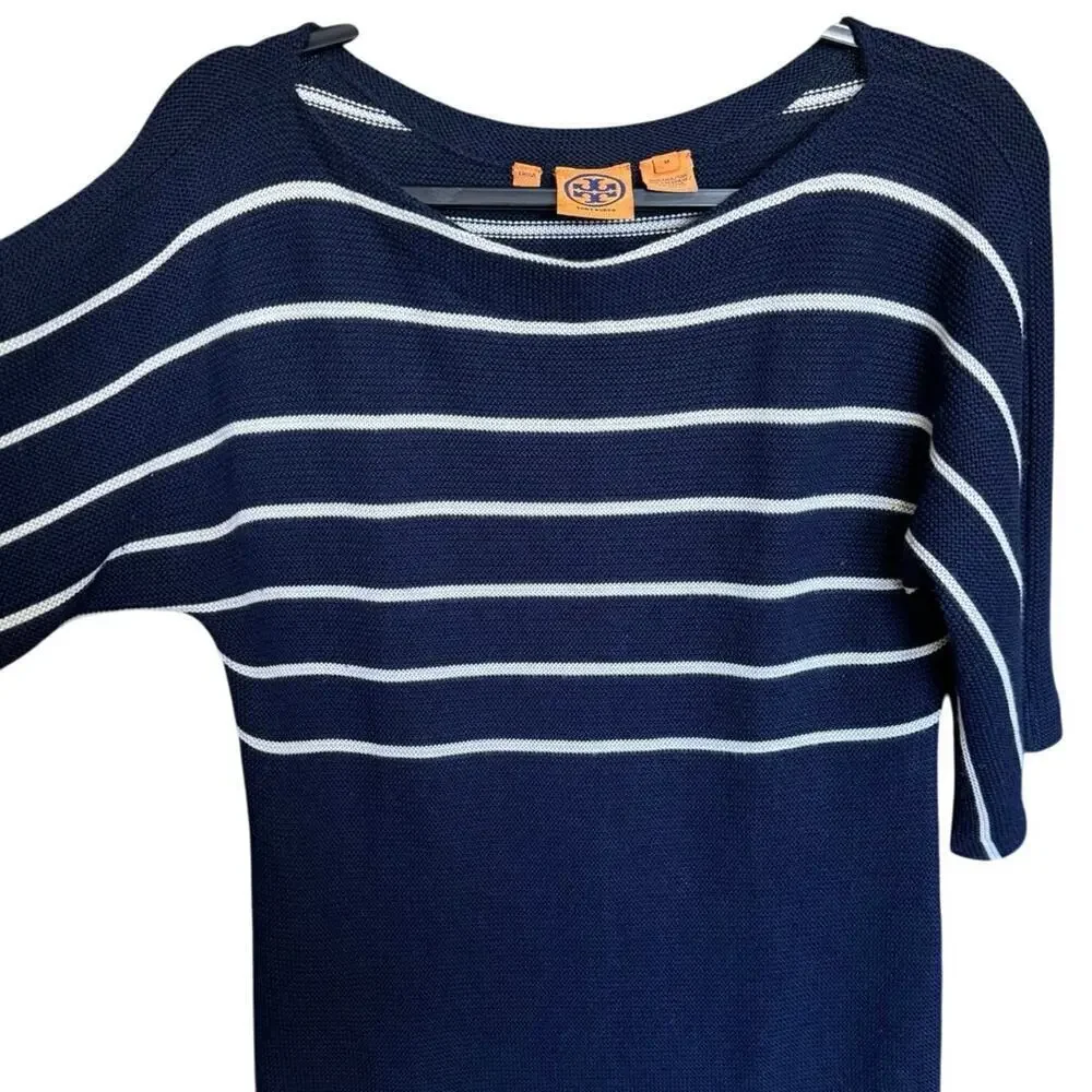 Tory Burch Cashmere Silk Striped Knit Sweater Top Navy White Size Medium